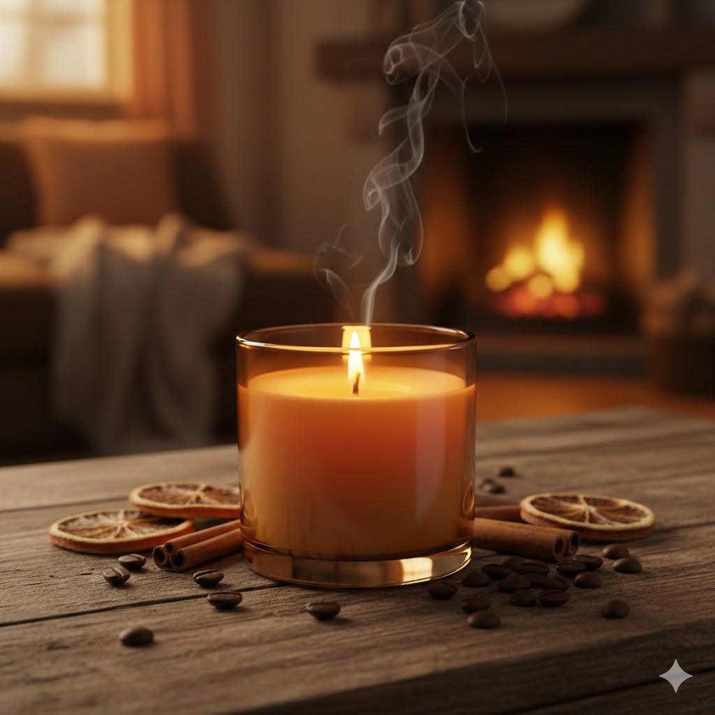 Duftlys i varme ravfarver på træbord