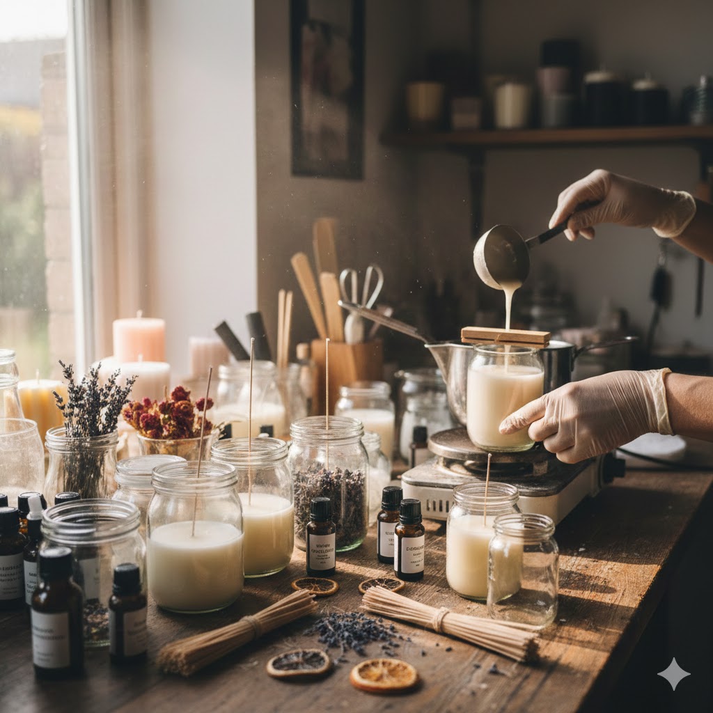 Arbejdsbord med håndlavede duftlys under tilblivelse